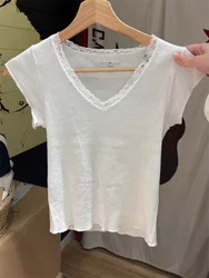 White Ribbed Basic T-Shirt For Woman Summer Lace Trim V-neck Short Sleeve Slim Tee Shirt Sweet Girl Cute Cotton Tshirt Tops