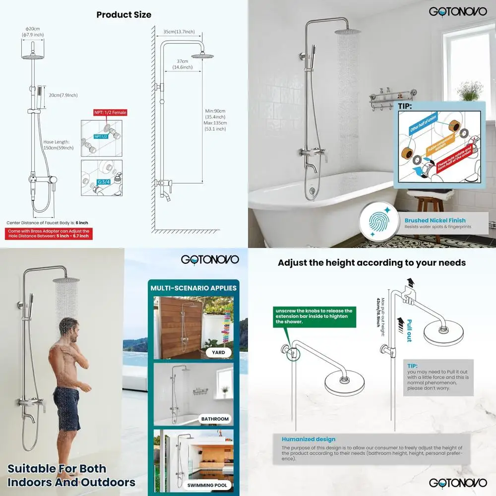8 Brushed Nickel Wall-Mounted Rainfall Shower System with Cylinder Handle and Hand Spray, SUS304 Stainless Steel
