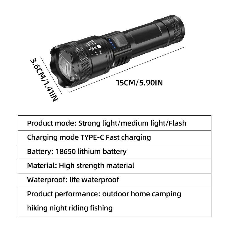 전술용 LED 손전등 2000LM USB 충전식 방수 등급 줌 토치 밝은 휴대용 비상등 캠핑 야외용 썸네일 6