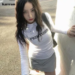 Karrram Grunge Letter Print T-shirt Korean Fashion Long Sleeve Tee Shirt Vintage Japanese Harajuku Slim Tops Kpop Streetwear Y2k