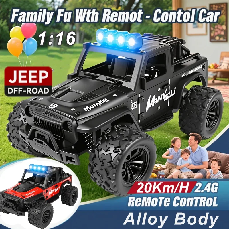Novo JEEP de Corrida em Liga Metálica, Escala 1:16, com Luzes LED, Alta Velocidade, Escalada em Estrada, Drift, Controle Remoto 2.4G, Brinquedo para Crianças, Presente para Atividades ao Ar Livre