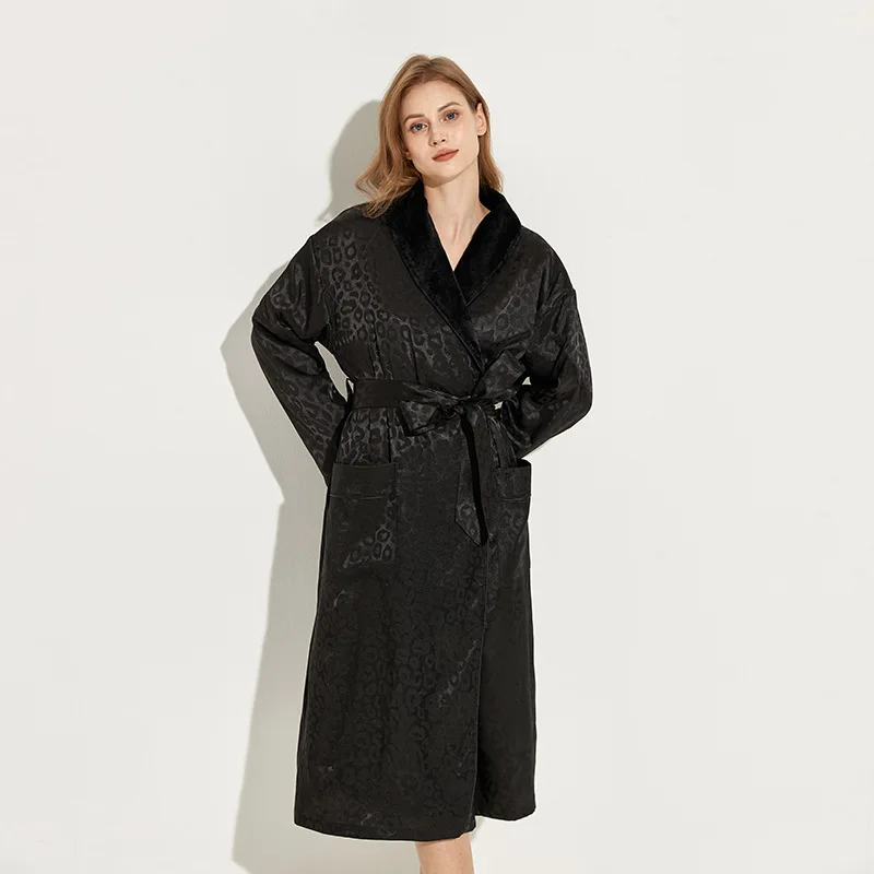 ACOMOSON Black Leopard Print Fleece-Lined Bathrobe Women'S Long Thick Warm Luxury Comfortable Loungewear For Winter