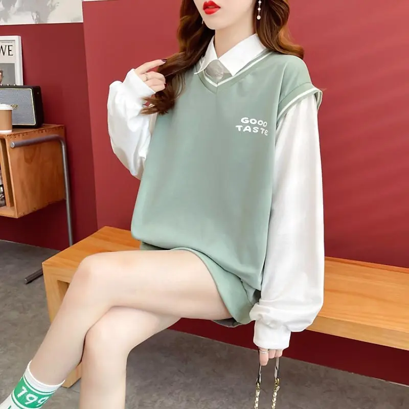 Harajuku Letter Print Sweatshirt Patchwork Women Clothes Autumn Winter Preppy Style Long Sleeve Top Black White Green Oversized