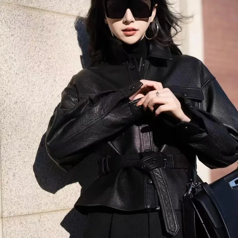 Korean-Style High-End Fashion Protein Leather Jacket, Same Style As Song  Women's  New Model, Waist-Cinching