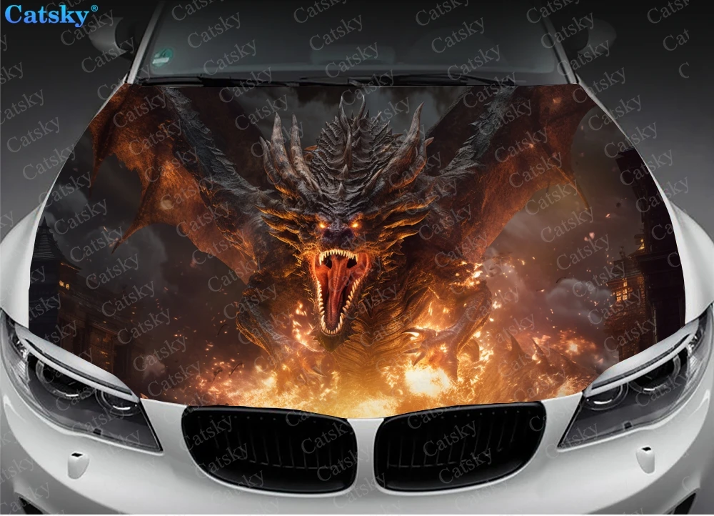 Dragon Fire Car Hood Vinyl Stickers Wrap Vinyl Film Engine Cover Decals Sticker Universal Car Hood Protective Film