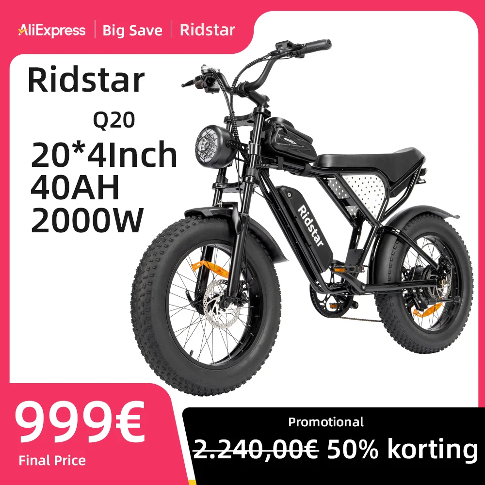 Ridstar Q20 Ebike 1500W 48V 20Ah 20*4.0 Inch Fat Tire Mountain Snow Electric Bicycles Hydraulic Brakes Electric Bike Motorcycle