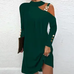 Women's Sexy Off Shoulder Long Sleeve Dresses Spring Autumn New Elegant Office Lady Clothing Loose Halter Neck Solid Color Dress