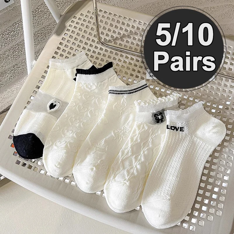 

5/10 пар женских коротких носков с сетчатыми кружевными краями, летние тонкие дышащие удобные повседневные носки в форме сердца с полыми цветочными краями