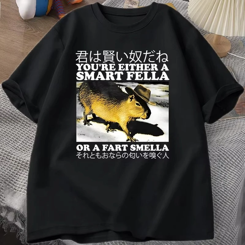Retro Smart Fella Fart Smella Capybara T-Shirt Funny Cowboy Vintage Tshirt Japanese Style Silly Meme Tshirts Harajuku Clothes