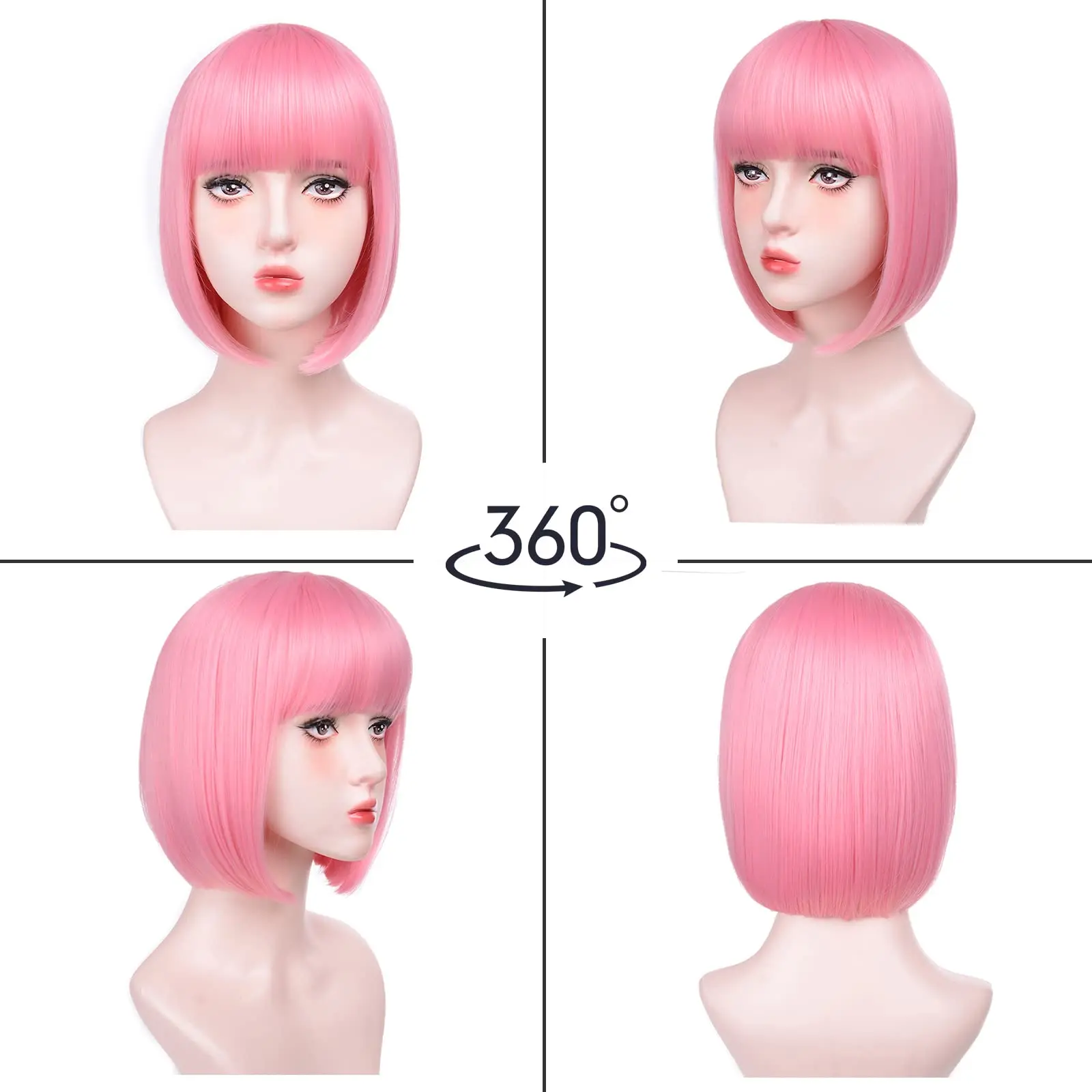 Wig Sintetis Bob Merah Muda Rambut Lurus Pendek dengan Poni Cosplay Halloween Multiwarna Pakaian Sehari-hari Wig Sutra Suhu Tinggi