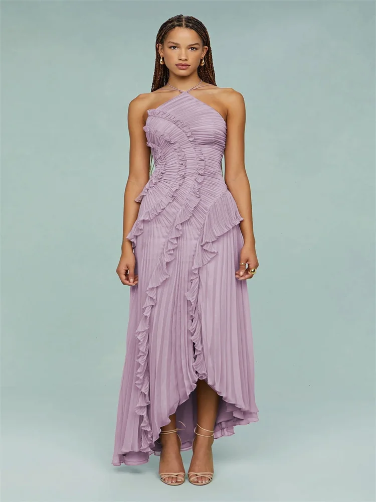 

Miyake Elegant Neck Strap Ruffles Evening Gown Solid Folds A Line Lace Up Backless Sexy Party Dress New Party Vacation Y2k Robe