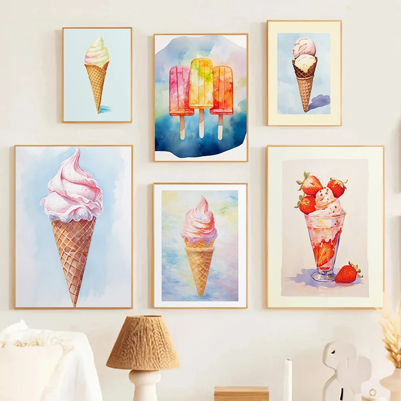 Watercolor Strawberry Vanilla Ice Cream Fruit Popsicles Posters Prints Canvas Printing Wall Art Picture for Dessert Shop Decor