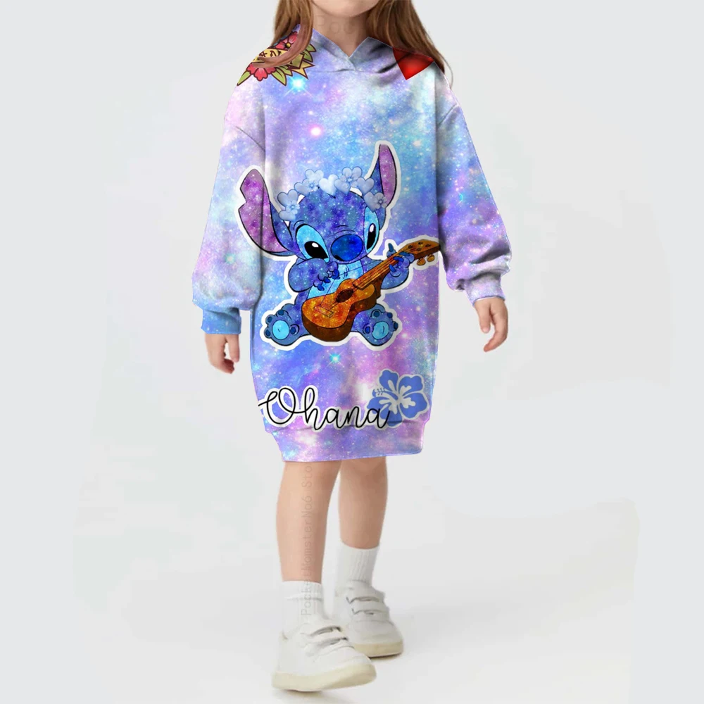 Meninas disney stitch confortável doce vestido com capuz impressão de natal outono e inverno vestido de princesa com capuz roupas da moda