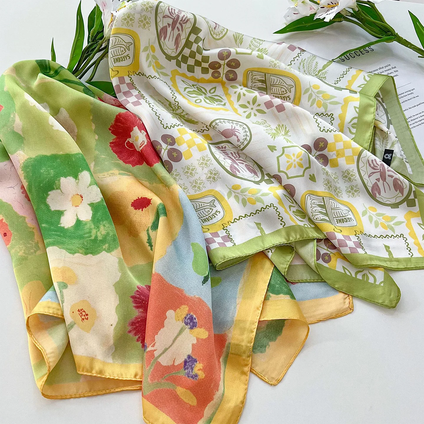 Korean Style Printed Silk Scarf Simulated Silk Square Shawl Outerwear High-End Feeling Necktie Multi-use Waist And Butt Curtain
