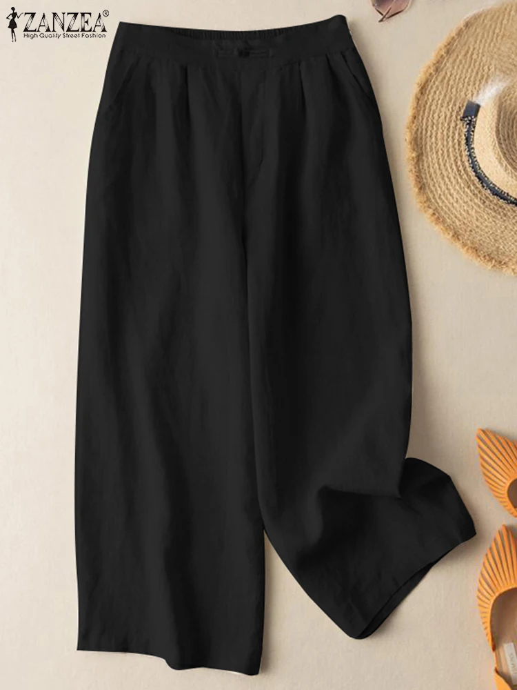 ZANZEA Solid Pure Cotton Pants Women Fashion Vintage Long Trousers Summer Casual Wide Leg Pant Female High Waist Pantalon 2023