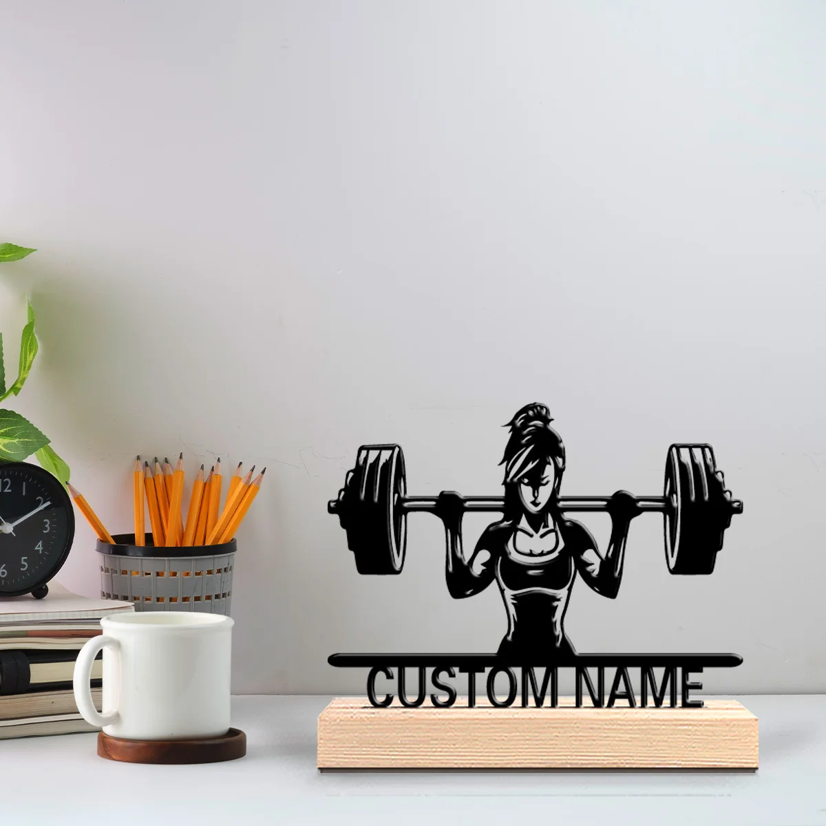 1pc New Design Personalized Custom Fitness Metal Statues Vibrant Desk Sculpture with Wooden Base Ideal for Eclectic Homes Global