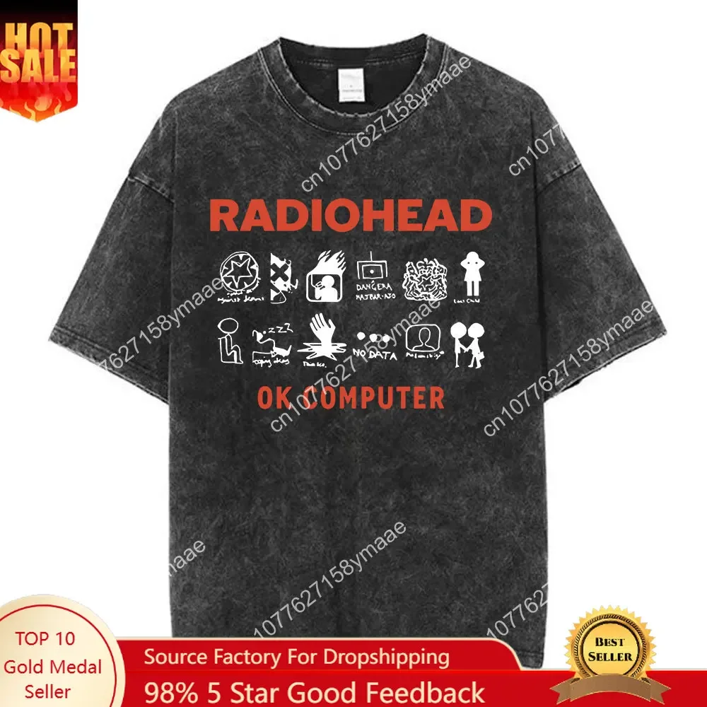 Radiohead Rock Band OK Computer Vintage Washed T-shirt Men Women Fashion Hip Hop T Shirts 100% Cotton Casual T-shirts Streetwear