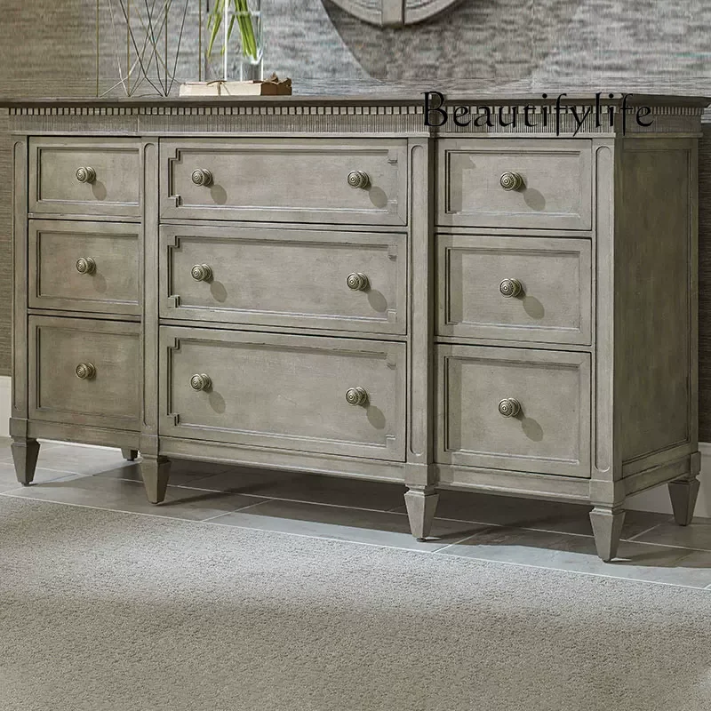French retro solid wood dining side cabinet engraved TV cabinet American rural old entrance cabinet storage