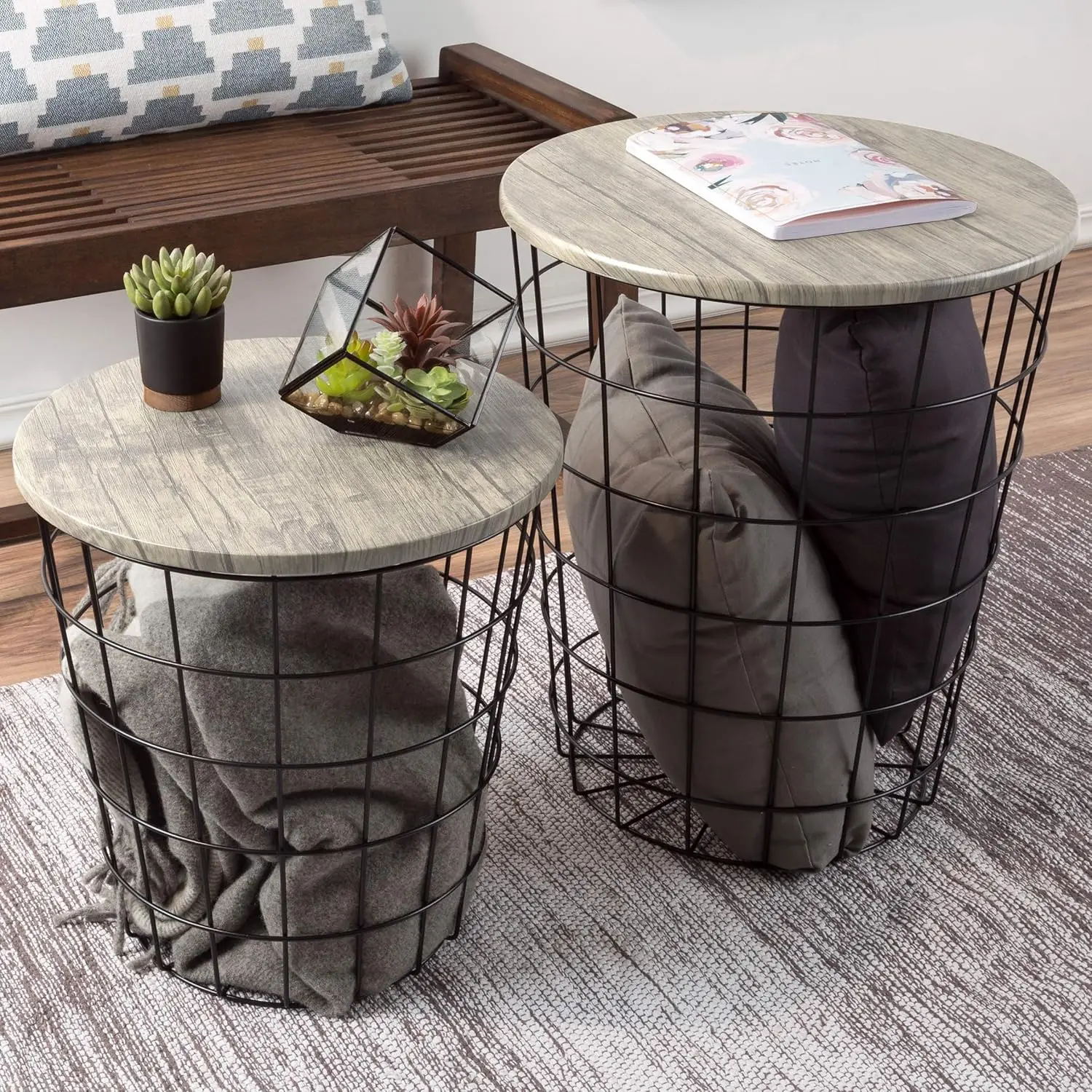 

Set of 2 Round Nesting Wire Basket End Tables with Storage for Home, Playroom, and Office by Lavish Home (Gray)