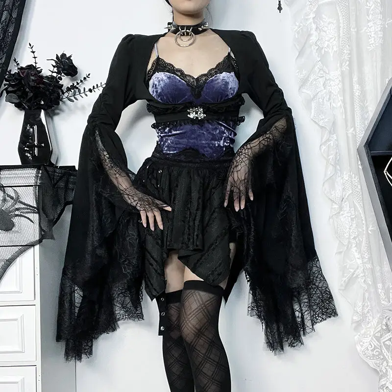 

Spring And Autumn Dark Gothic Irregular Lace Flared Sleeve Chest Girdle Blouse Y2K Subculture All-match Jacket