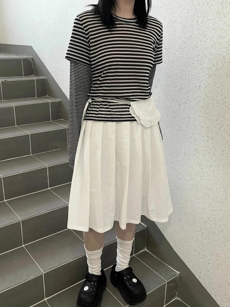 

Chic Plaid Pleated Skirt with Belt And Lace Trim for Women Summer New Sle f-length Skirt And Small Bag Set