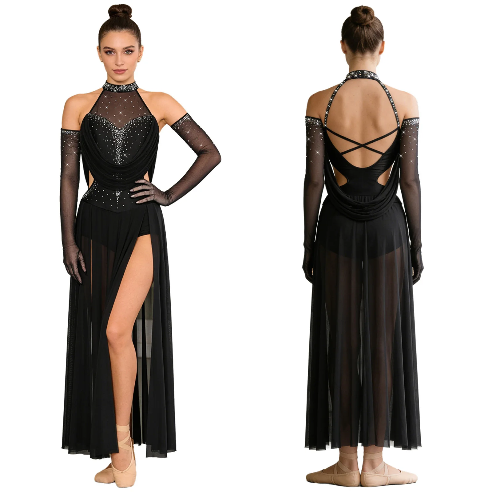 

Women Modern Lyrical Dance Leotard Dress Sleeveless Rhinestone Maxi Dresses with Mesh Gloves Skating Gymnastics Ballet Dancewear
