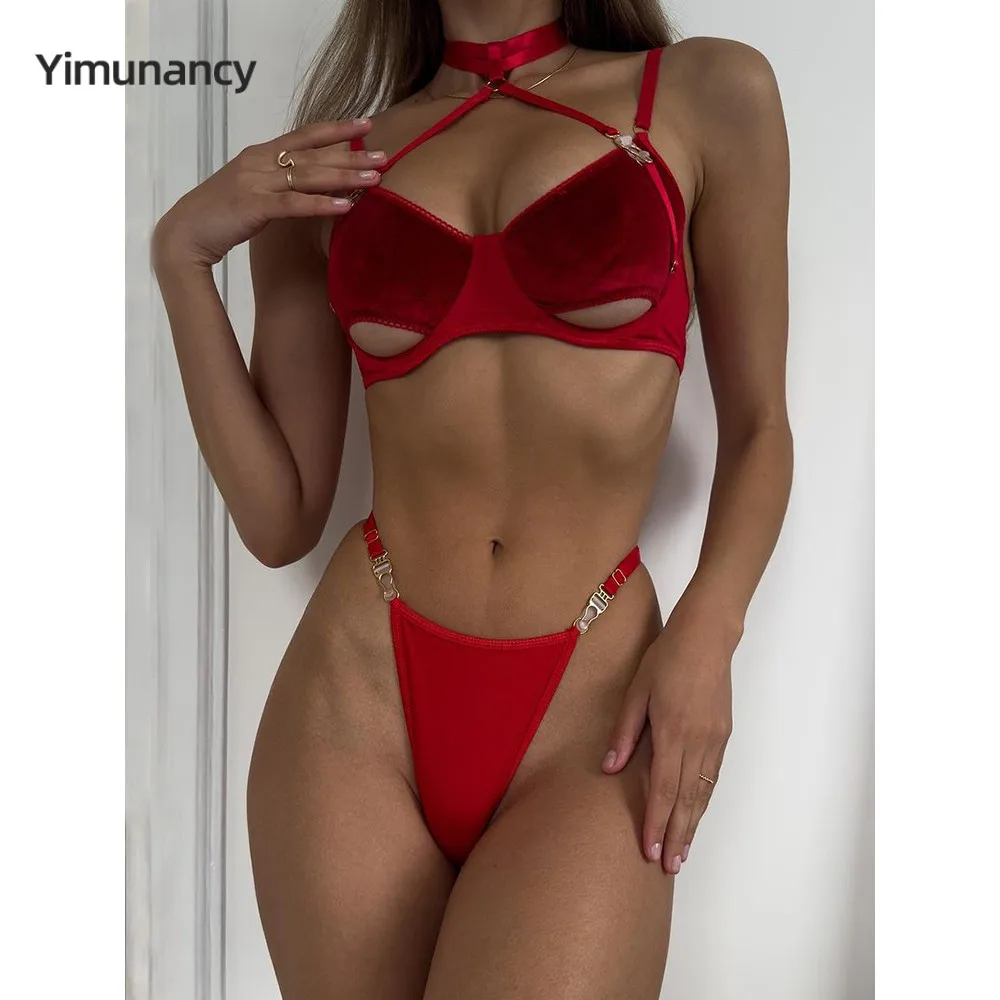 Yimunancy Cut Out Bra Set Women 2-Piece Halter Bra + Brief Underwear Set 4 Color Velvet Sexy Intimates