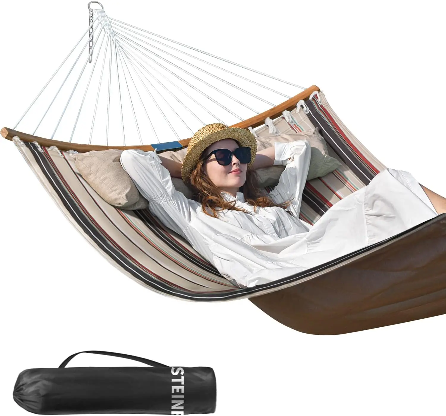 

11 FT Quilted Fabric 2 Person Hammock for Outside with Pillow, Folding Curved Spreader Bar, Chains, Carrying Bag, Indoor Outdoor