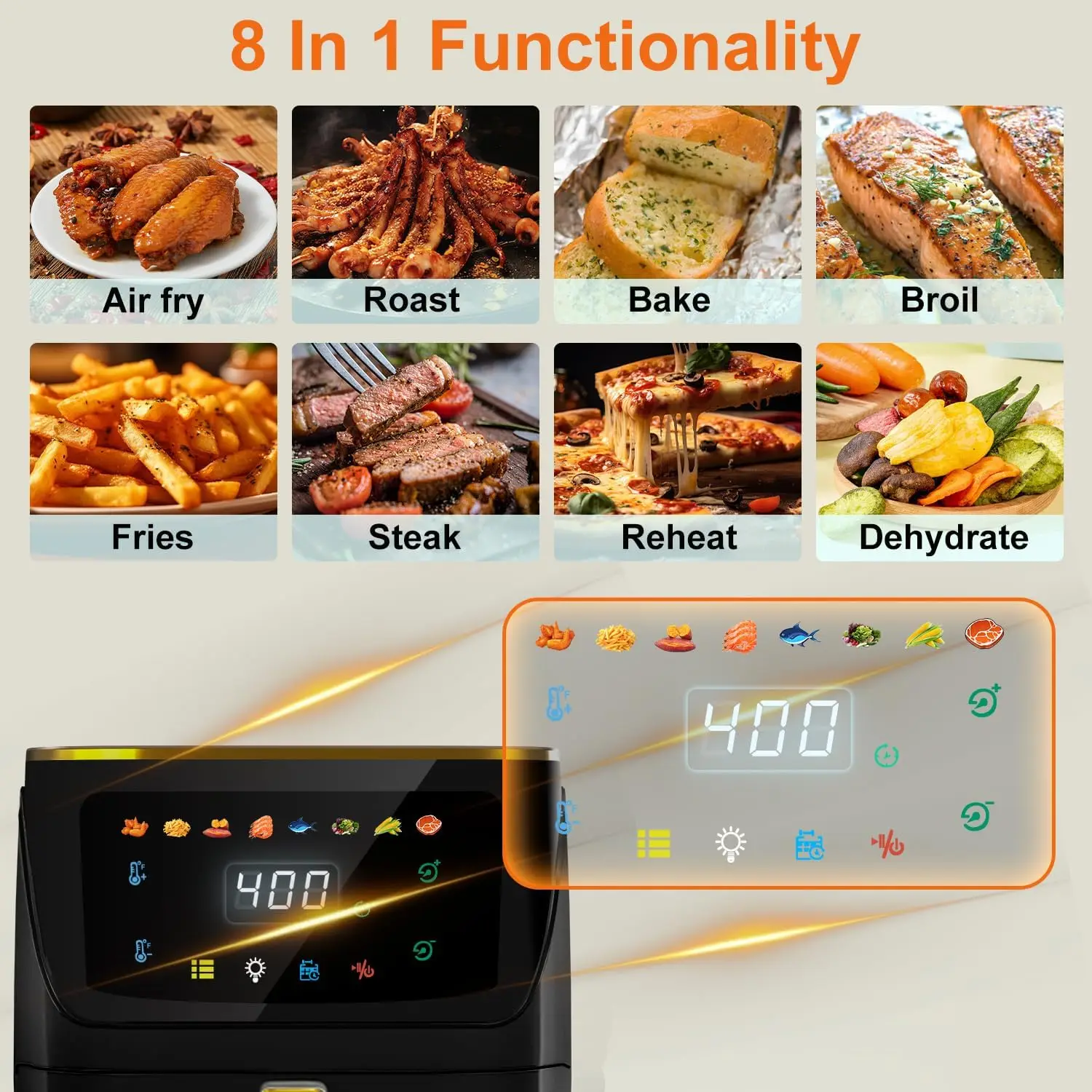 Fritadeira a ar automática com tela de toque digital, 8 em 1, fácil visualização do Windows, rápida fritura a ar até 400 ° F, tamanho grande família, 8.5Qt, 1750w