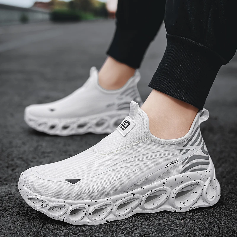 Couple Thick Bottom Slip On Sneakers Hollow Out Cushion Shoes Breathable Mesh No Lace Outdoor Casual Walking Footwear Plus Size - view 4