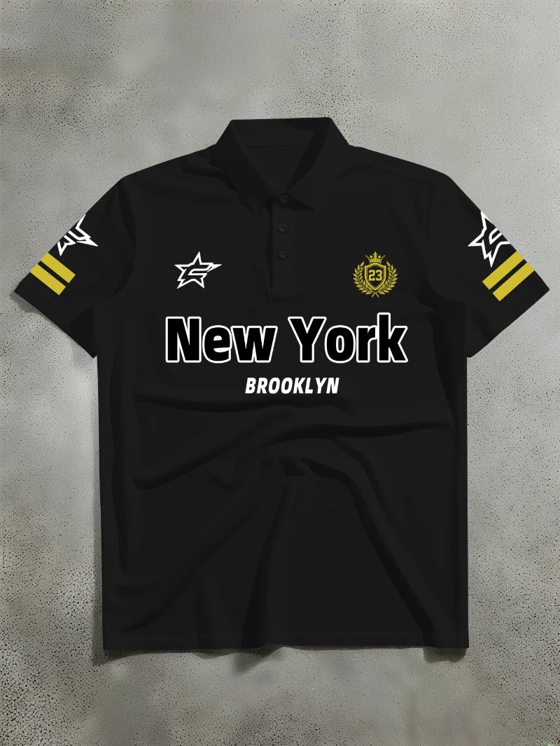 Modisches Poloshirt für Herren, kurzärmeliges Hemd, trendiges Hemd mit Abzeichen-Print zum Thema New York City, lässiges Kurzarm-Sommerhemd