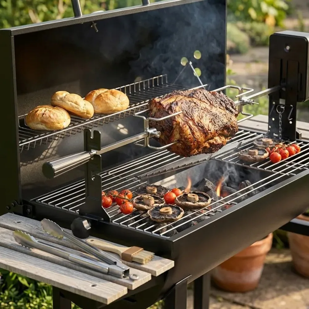 Electric Rotary Grill Multifunctional BBQ Machine Outdoor Charcoal Griller Double Side Wooden Table American Barbecue for