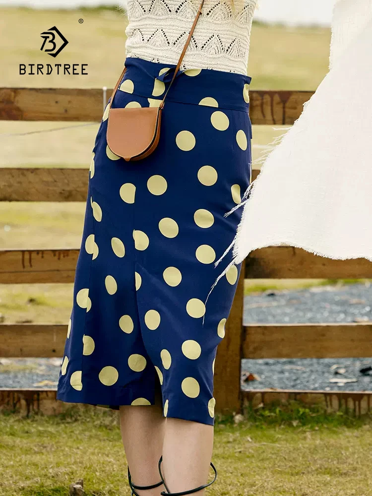 

BirdTree, 6A 16MM 100%Real Silk Chic Skirt, Women High Waisted Dot Printed, Elegant French Retro Skirt, 2024 Summer New B43044QC