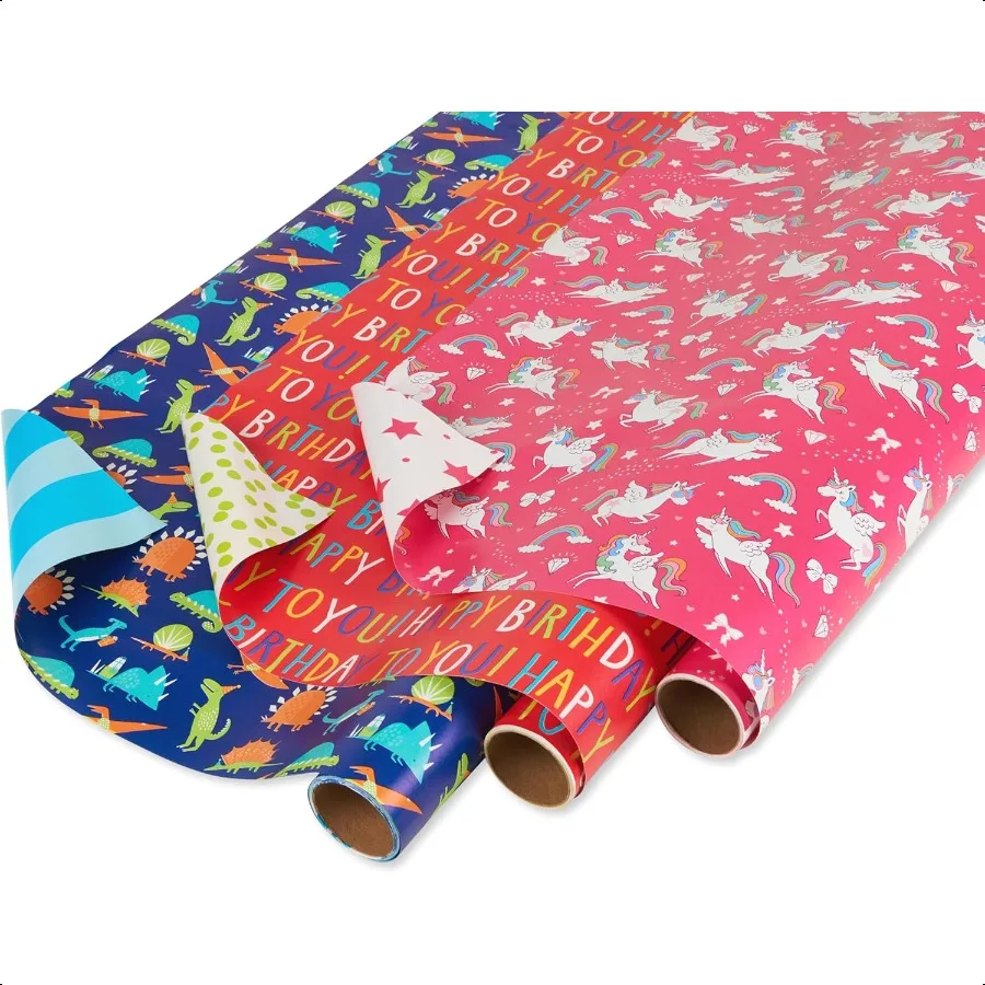 

Reversible Birthday Wrapping Paper for Dinosaurs and Unicorns 3 Rolls 120 sq. ft