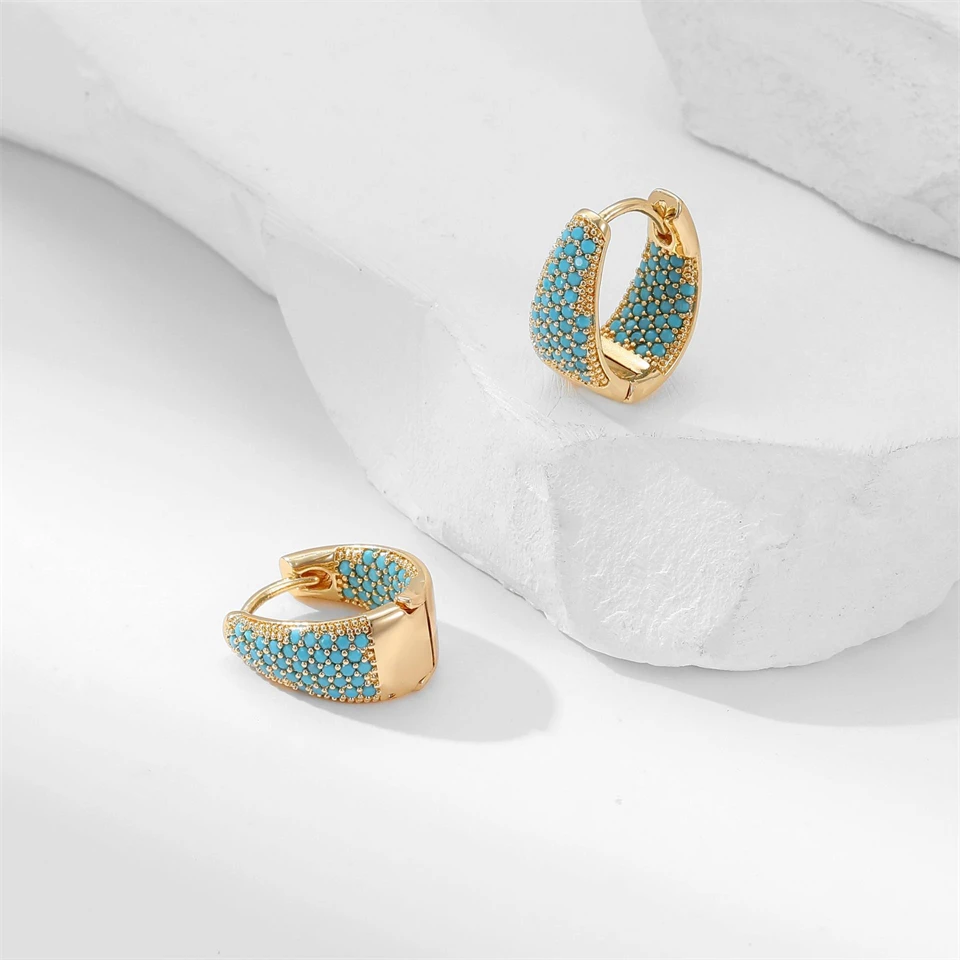 ZAKOL New Blue Turquoise Chunky U-shaped Hoop Earring for Women Flower Ear Accessories Fashion Cute Party Jewelry Gifts