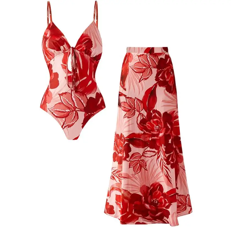 Flaxmaker One Piece Swimsuit and Skirt Red Peony Print Swimsuit Set Women Summer Sleeveless V Neck Beachwear Biquini conjunto de
