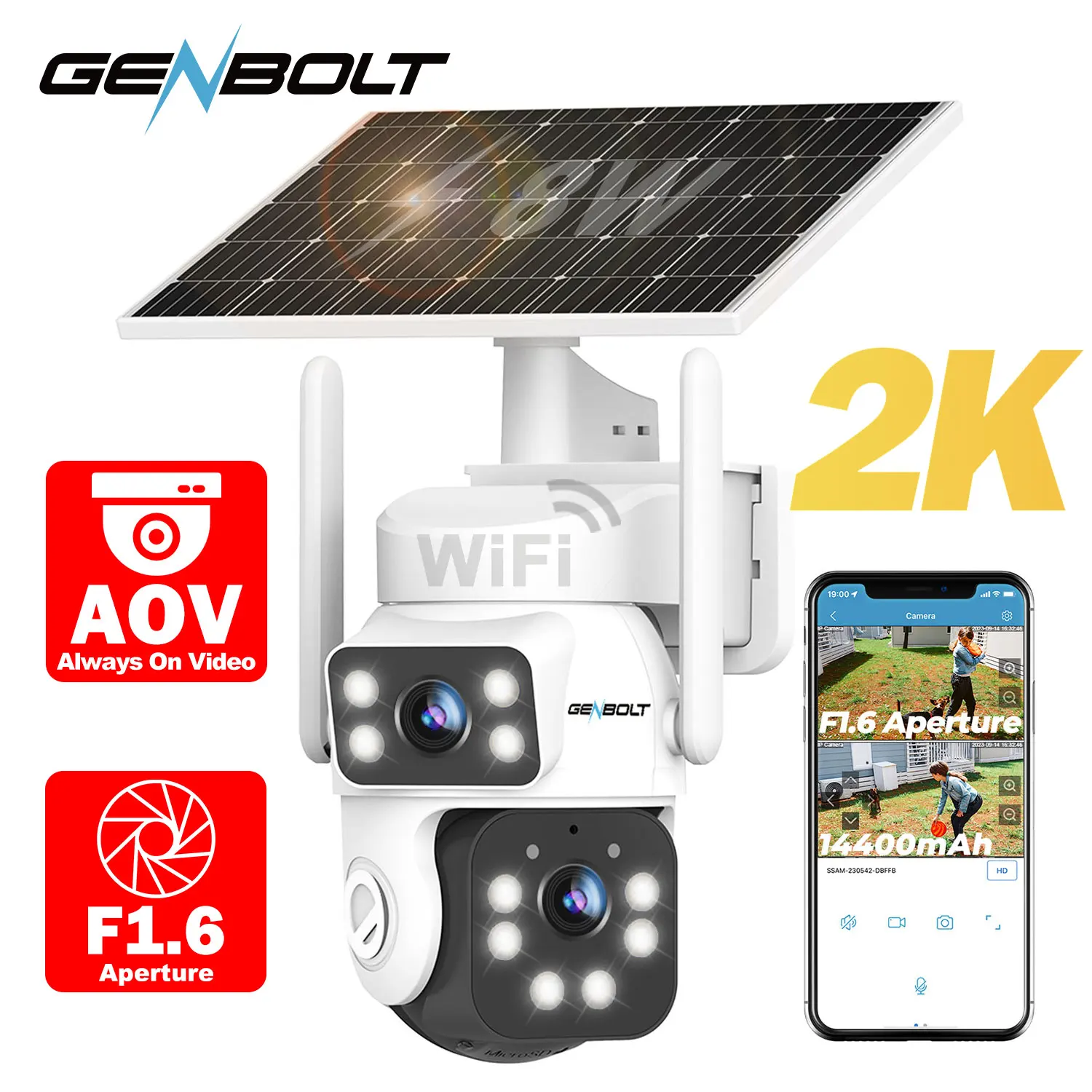 2K Solar Security Camera Outdoor AOV 24/7 Recording 14400mAh Battery Dual View AI Human Detection 2.4/5GHz WiFi CCTV GENBOLT
