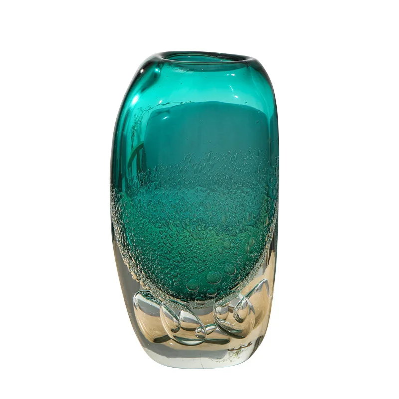 Italian light luxury bubble blue glass vase, model house, living room ornament, desktop texture, home flower arrang
