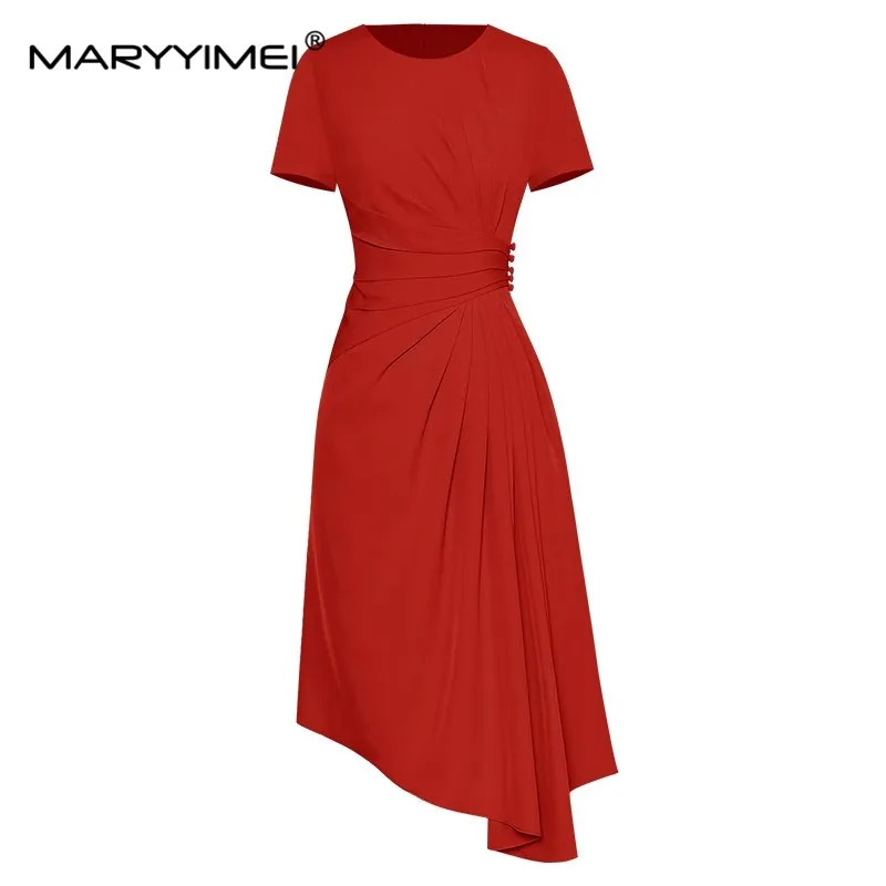 

MARYYIMEI Fashion Spring Summer Women's dress Short sleeved Ruched High waisted Elegant Minimalist Asymmetrical Dresses