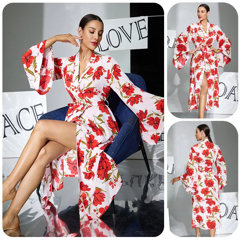

Print Floral Long Robe Women's Sleepwear Loungewear Elegant Kimono Bathrobe Gown Loose Silk Satin Homewear Nightgown