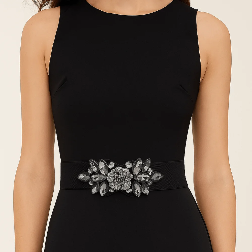 Fascia elastica con fiore rosa di personalità Cintura larga da donna in stile coreano Cintura con cinturino nero Giacca con cintura in vita con strass