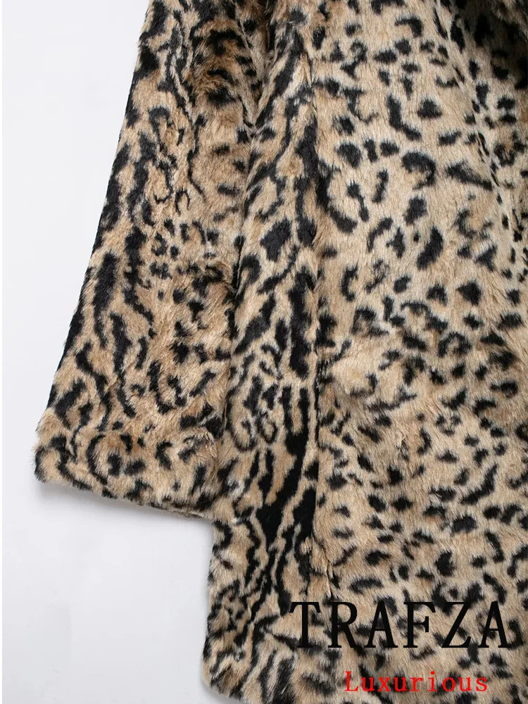 TRAFZA Vintage Casual Chic Leopard Women Jackets Faux Fur Loose Long V-Neck Coat New Fashion 2024 Autumn Winter Thick Warm Coats