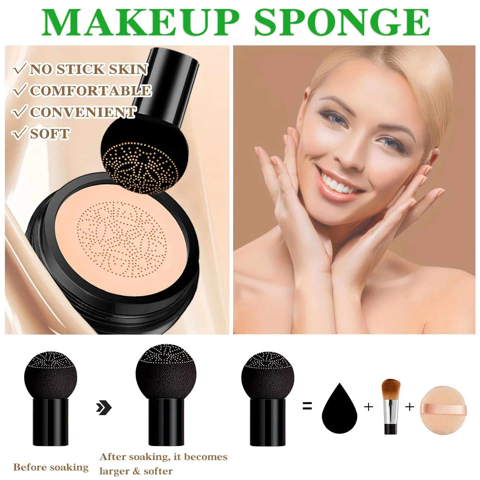 Mushroom Head Air Cushion, CC Cream Foundation Moisturizing Concealer Waterproof Oil Control Long-Lasting Nude Makeup