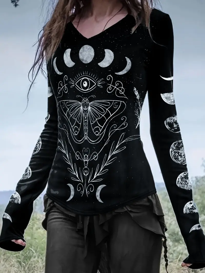 Women's V-neck Long-Sleeved Bodycon Top with Finger-Loop Design Slimming Stylish Unique Outerwear T-Shirt