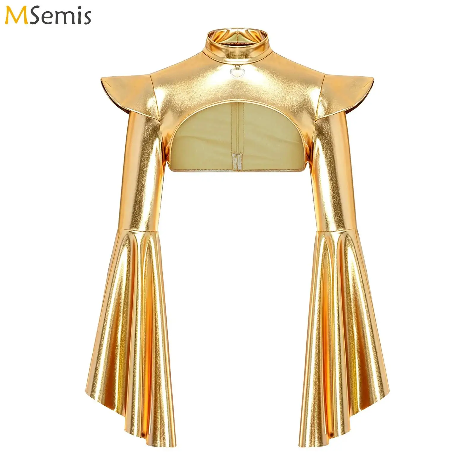 Gothic Shiny Metallic Women Short Top Padded Shoulder Flare Bell Sleeve Cut‑out Back Zipper Crop Top Performance Rave Costume