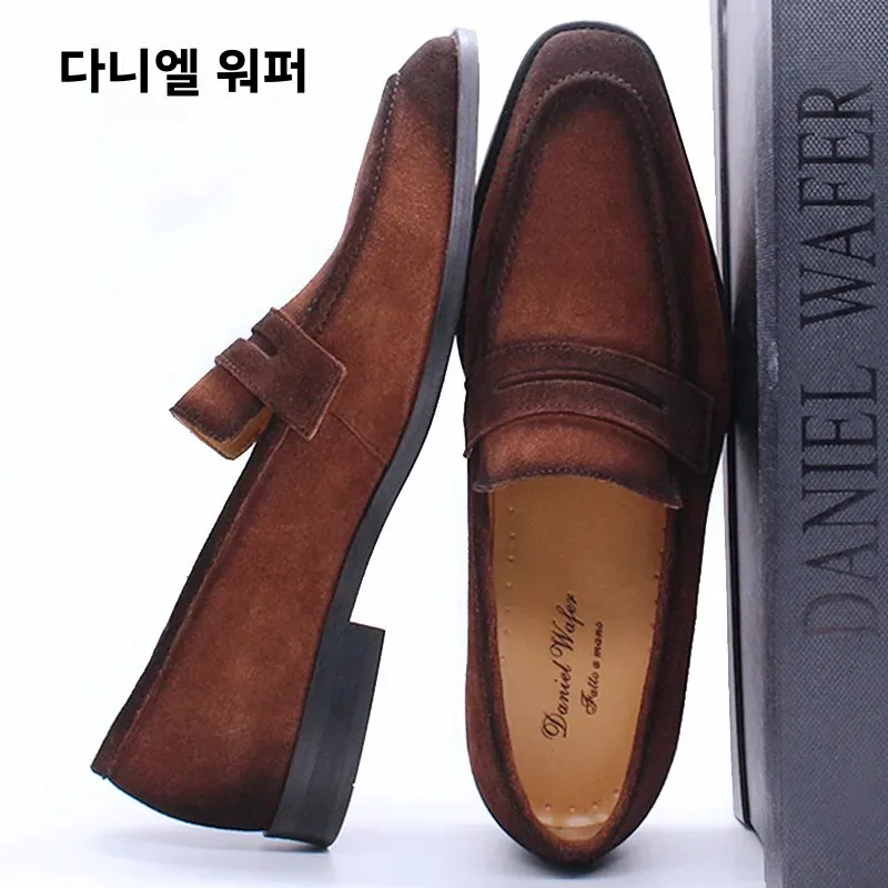 Luxury Men\'s Suede Leather Penny Loafers Brown Black Slip-On Casual Shoes for Office Wedding Dress Summer 2020