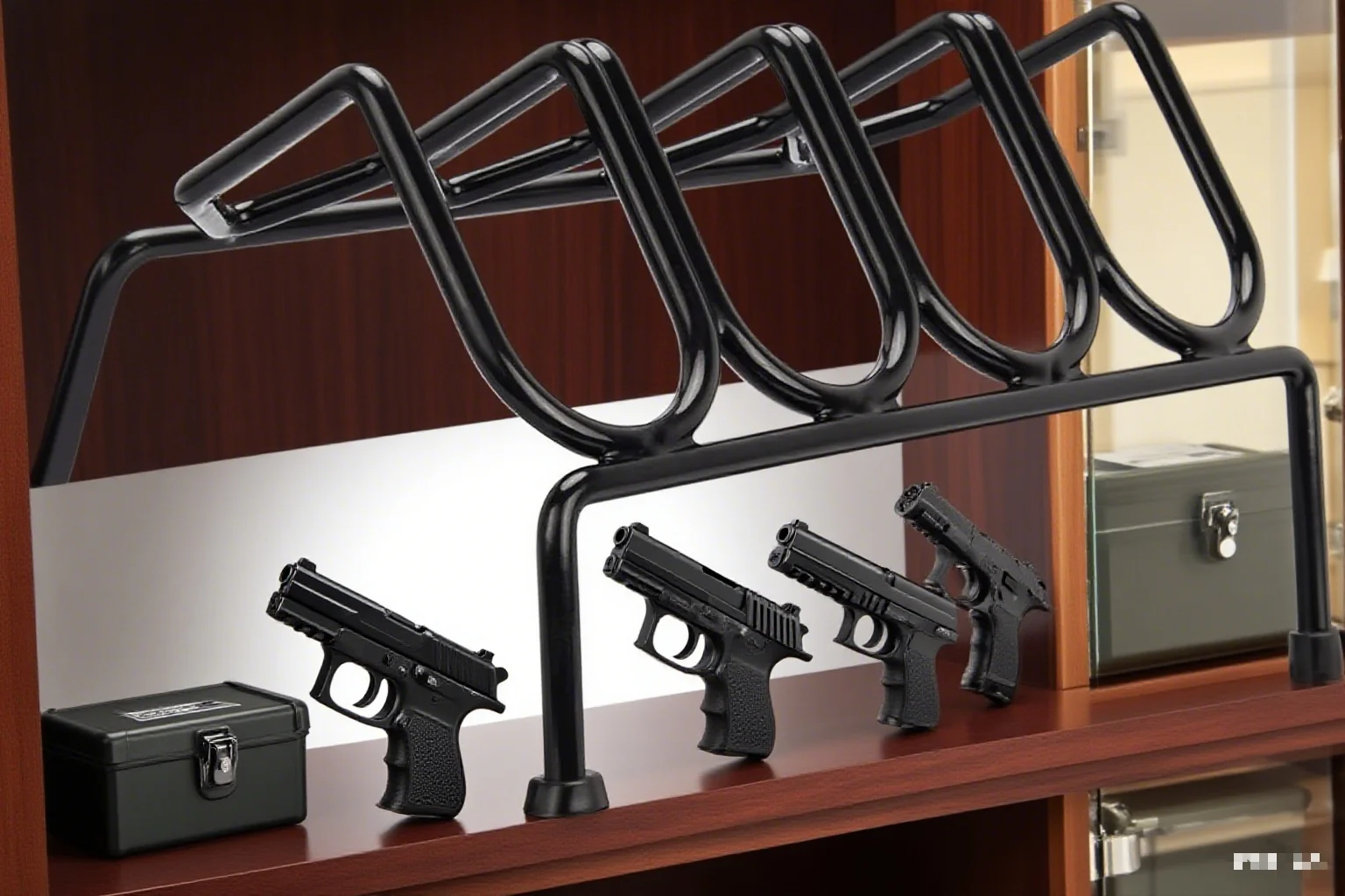 The pistol rack with a vinyl coating is used for organization, storage, and safety in gun rooms