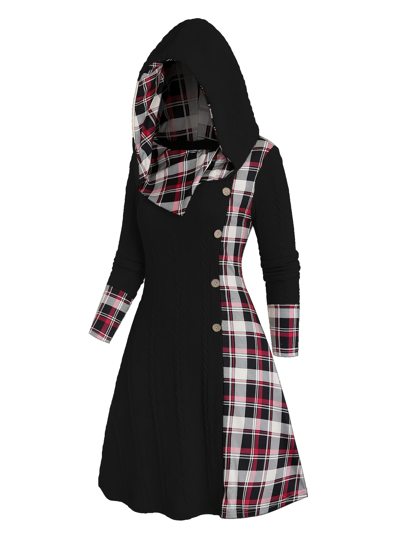 Damen-Kleid mit Karomuster, Kapuze, hoher Taille, A-Linie, lange Ärmel, aus Strick, mit dekorativer Schnallendetail. – Detail 7