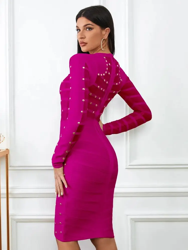 فستان نسائي للحفلات المسائية موضة جديدة مثير شبكة الخرز فوشيا ضمادة فستان بأكمام طويلة فساتين فاخرة عالية الجودة