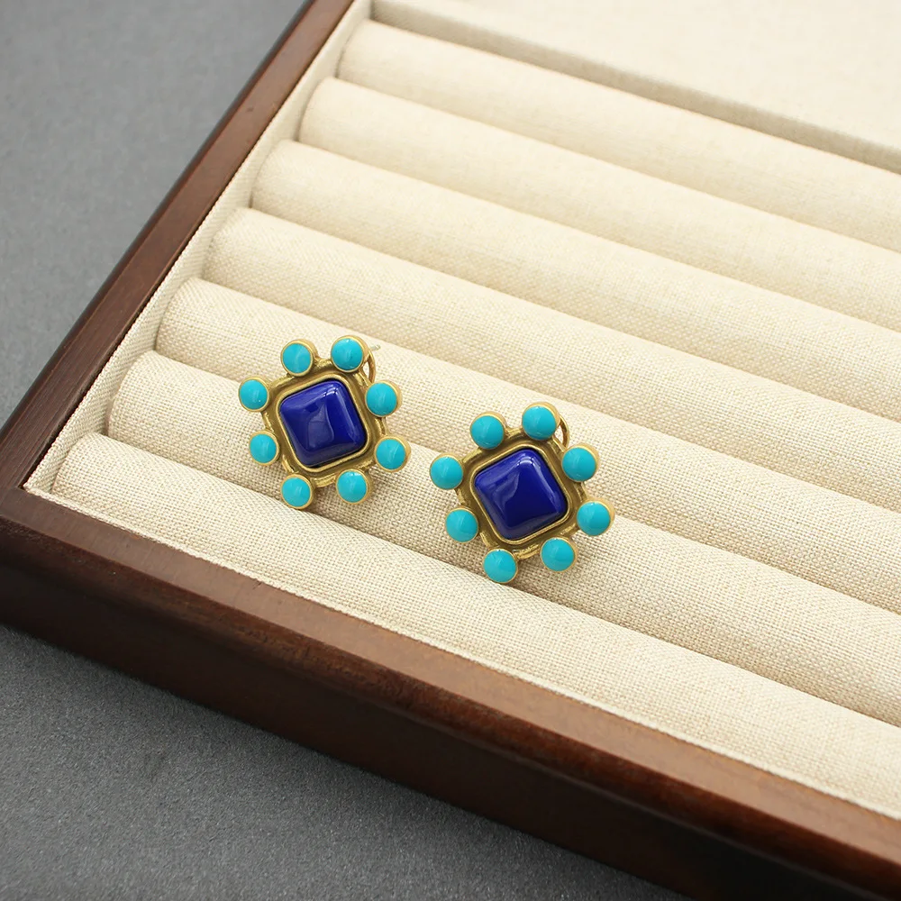 

Used Earrings, Vintage Turquoise Enamel Earrings, Geometric Earrings, High-end Earrings